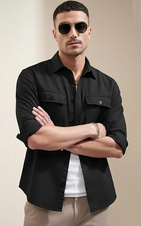 SMOWKLY Men's Casual Shirt | Full Sleeve Button Down Shirt with Dual Chest Pockets | Stylish Regular Fit 100% Cotton Office, Party Shacket | Fashionable Western Outfit